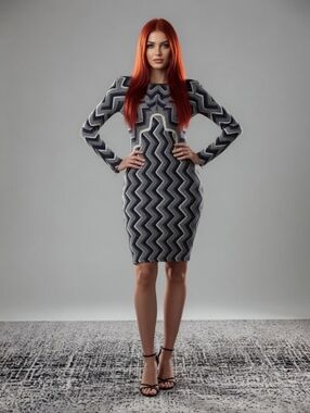 Free People XS Chevron Zigzag Knit Sweater Dress Long Sleeve Zip Cuff Mini Dress